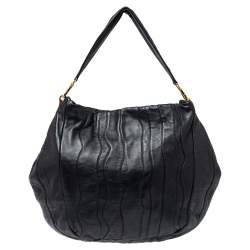 Pre Owned Prada Black Stripes Leather Hobo