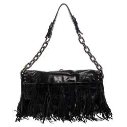 Prada Black Leather Fringe Shoulder Bag