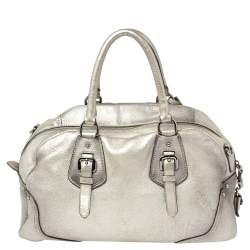 Pre Owned Prada Metallic Silver Cervo Antik Leather Bauletto Bag