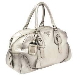Pre Owned Prada Metallic Silver Cervo Antik Leather Bauletto Bag