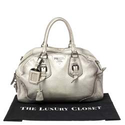 Pre Owned Prada Metallic Silver Cervo Antik Leather Bauletto Bag