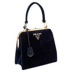 Pre Owned Prada Navy Blue Velvet Frame Top Handle Bag
