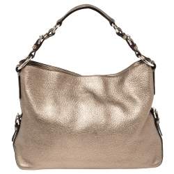 مملوكة مسبقًا Prada Metallic Vitello Grain Leather Logo Embossed Hobo