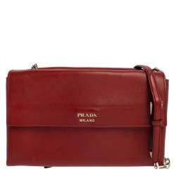 Pre Owned Prada Red Leather Double Shoulder Bag