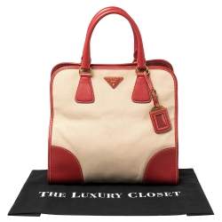 Pre Owned Prada Beige/Red Canvas and Leather Canapa Tote