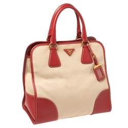 Pre Owned Prada Beige/Red Canvas and Leather Canapa Tote