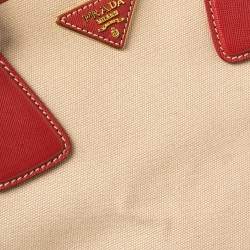 Pre Owned Prada Beige/Red Canvas and Leather Canapa Tote