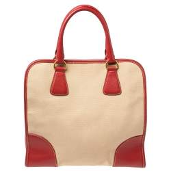 Pre Owned Prada Beige/Red Canvas and Leather Canapa Tote