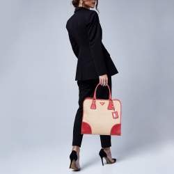 Pre Owned Prada Beige/Red Canvas and Leather Canapa Tote