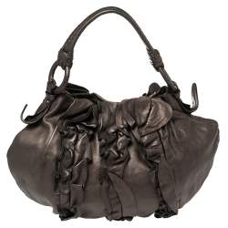 Pre Owned Prada Metallic Bronze Leather Ruffle Hobo Bag