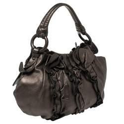 Pre Owned Prada Metallic Bronze Leather Ruffle Hobo Bag