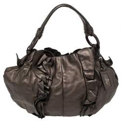 Pre Owned Prada Metallic Bronze Leather Ruffle Hobo Bag