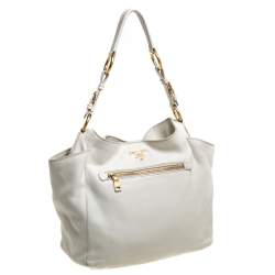 Pre Owned حقيبة هوبو برادا سحاب أمامي جلد فيتيلو داينو أبيض