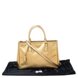 Pre Owned Prada Metallic Gold Saffiano Lux Leather Medium Double Zip Tote