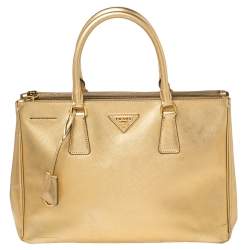 Pre Owned Prada Metallic Gold Saffiano Lux Leather Medium Double Zip Tote