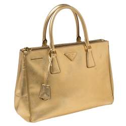 Pre Owned Prada Metallic Gold Saffiano Lux Leather Medium Double Zip Tote