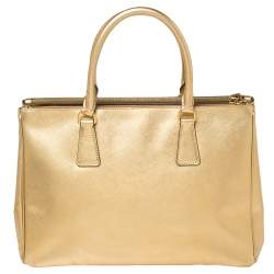 Pre Owned Prada Metallic Gold Saffiano Lux Leather Medium Double Zip Tote