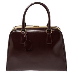 Pre Owned Prada Burgundy Saffiano Vernice Leather Pyramid Frame Satchel