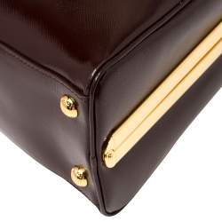 Pre Owned Prada Burgundy Saffiano Vernice Leather Pyramid Frame Satchel