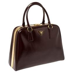 Pre Owned Prada Burgundy Saffiano Vernice Leather Pyramid Frame Satchel