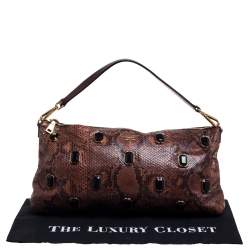 Pre Owned Prada Brown Python Jewel Embellished Shoulder Bag