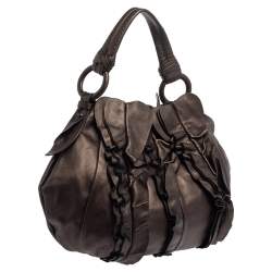 Pre Owned Prada Metallic Dark Brown Leather Ruffle Hobo