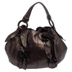 Pre Owned Prada Metallic Dark Brown Leather Ruffle Hobo