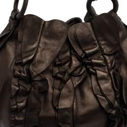Pre Owned Prada Metallic Dark Brown Leather Ruffle Hobo