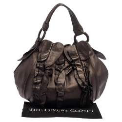 Pre Owned Prada Metallic Dark Brown Leather Ruffle Hobo