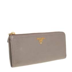 Pre Owned Prada Taupe Leather Zip Around Wallet