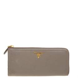 Pre Owned Prada Taupe Leather Zip Around Wallet