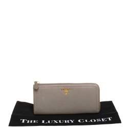 Pre Owned Prada Taupe Leather Zip Around Wallet