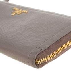 Pre Owned Prada Taupe Leather Zip Around Wallet