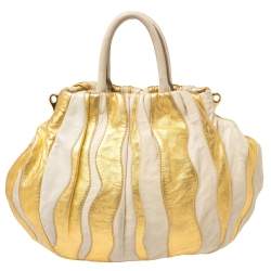 Pre Owned Prada Gold/Beige Stripe Leather Hobo