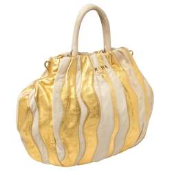 Pre Owned Prada Gold/Beige Stripe Leather Hobo