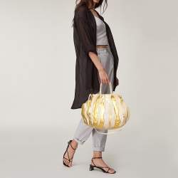 Pre Owned Prada Gold/Beige Stripe Leather Hobo