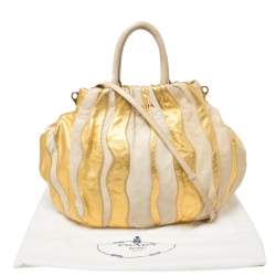 Pre Owned Prada Gold/Beige Stripe Leather Hobo