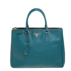 Pre Owned Prada Green Saffiano Lux Leather Medium Double Zip Tote