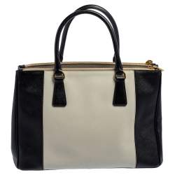 Pre Owned Prada Black/White Saffiano Lux Leather Medium Galleria Tote