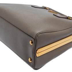 Pre Owned Prada Grey Saffiano Lux Leather Pyramid Frame Satchel