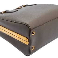 Pre Owned Prada Grey Saffiano Lux Leather Pyramid Frame Satchel