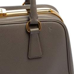 Pre Owned Prada Grey Saffiano Lux Leather Pyramid Frame Satchel