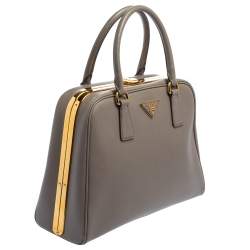 Pre Owned Prada Grey Saffiano Lux Leather Pyramid Frame Satchel