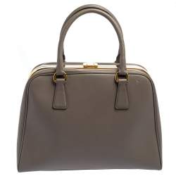 Pre Owned Prada Grey Saffiano Lux Leather Pyramid Frame Satchel