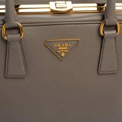 Pre Owned Prada Grey Saffiano Lux Leather Pyramid Frame Satchel