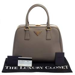 Pre Owned Prada Grey Saffiano Lux Leather Pyramid Frame Satchel