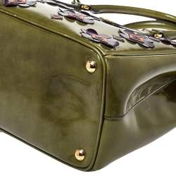 Pre Owned Prada Green Floral Applique Patent Leather Medium Double Zip Tote