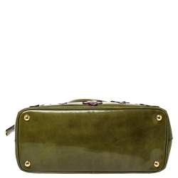 Pre Owned Prada Green Floral Applique Patent Leather Medium Double Zip Tote