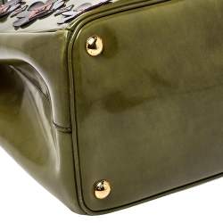 Pre Owned Prada Green Floral Applique Patent Leather Medium Double Zip Tote