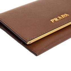 Pre Owned Prada Tan Saffiano Leather Flap Metal Card Holder